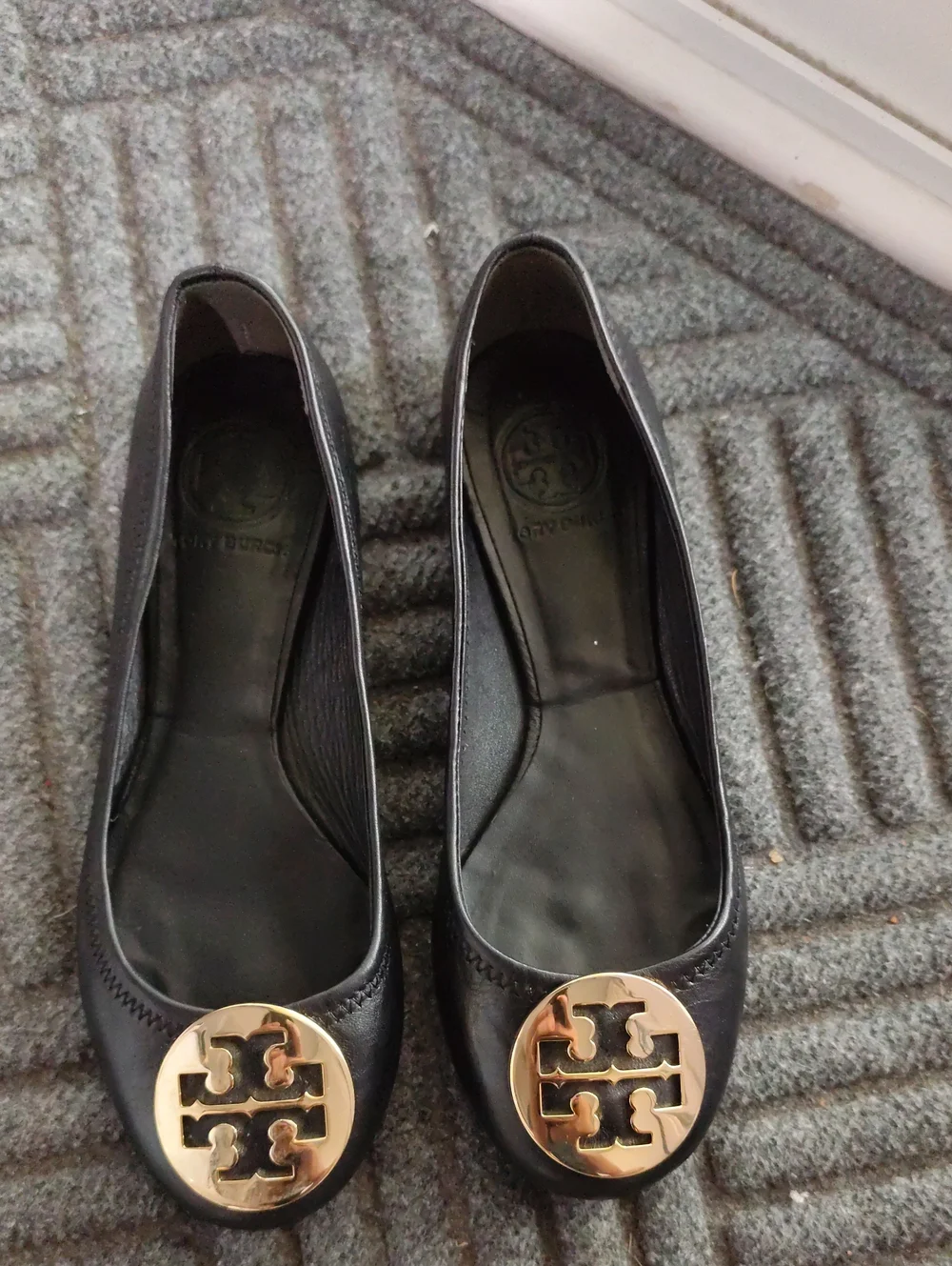 Tory Burch Black Leather Flats with Gold Logo Medallions